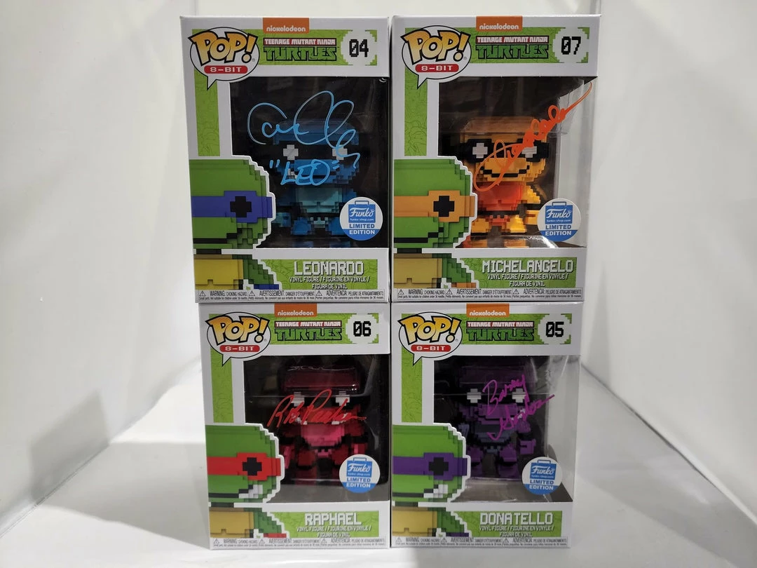 Teenage Mutant Ninja Turtle 8-Bit Funko Shop Stickered Signed Bundle - 4 Signed Pop! Vinyls 1 Teenage Mutant Ninja Turtle 8-Bit Funko Shop Stickered Signed Bundle - 4 Signed Pop! Vinyls