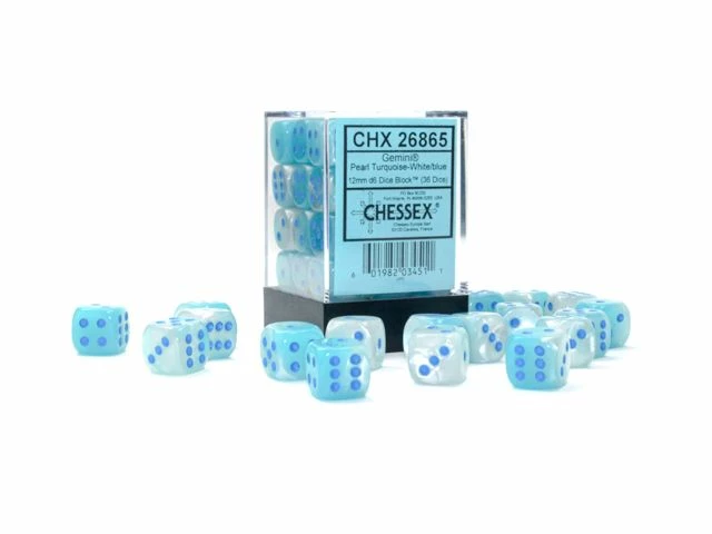 Ozzie Collectables CHX 26865 Gemini 12mm D6 Pearl Turquoise-White/Blue Luminary Block (36) 1 Ozzie Collectables CHX 26865 Gemini 12mm D6 Pearl Turquoise-White/Blue Luminary Block (36)